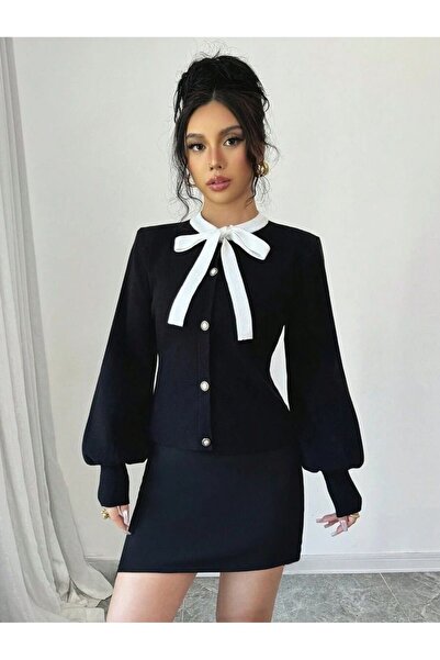Iuliashop Anka Black Knitted Cardigan with White Bow - S