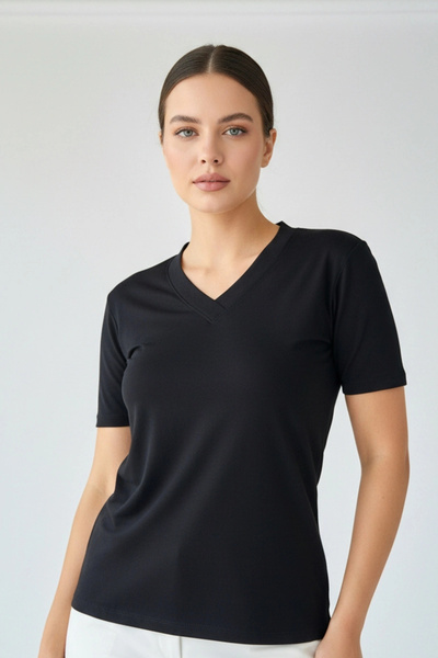 Bİ.GİYSEN Γυναικεία μαύρη μπλούζα με λαιμόκοψη V, κοντό μανίκι, από ύφασμα βι...