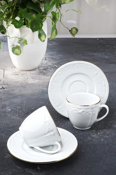 Bev Kitchen Seren Embossed Pattern Gold Gilded 2-Person Coffee Cup Set