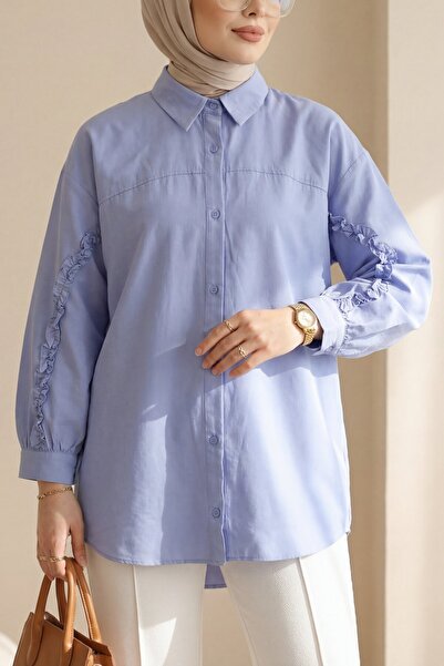 Modamorfo Πουκάμισο ποπλίνα με βολάν στα μανίκια και κουμπιά - Μπλε μωρού