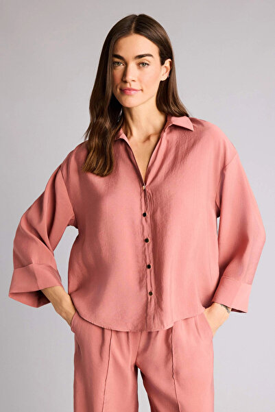 DeFacto E9007Axbr154 Burgundy Loose Fit Shirt Collar Tencel Long Sleeve Shirt