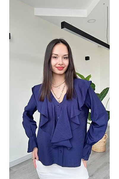 modadagiyim Λινό πουκάμισο με λαιμόκοψη V, λεπτομέρειες με κορδόνια και βολάν...