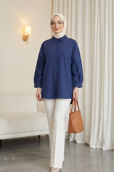 Modamorfo Πουκάμισο ποπλίνα με βολάν στα μανίκια και κουμπιά - μπλε ναυτικό