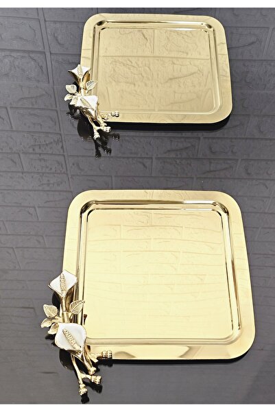 atabey home collection 2 Pieces Gold Coffee & Tea & Presentation Tray Cast Ir...