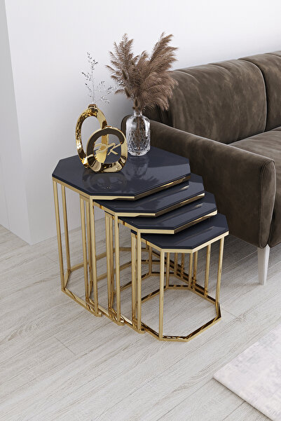 Puklife Hilal 4'lü Zigon Sehpa Gold Ayak Antrasit Parlak Yüzey MDf