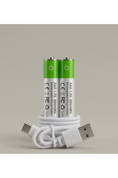 instatech USB-C Girişli Şarj Edilebilir AAA İnce Pil - 1.5V 800mWh Lityum (2'...
