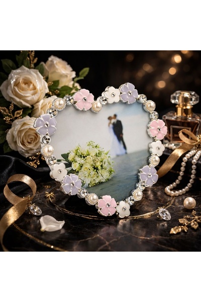 Azay Κορνίζα Φωτογραφίας Καρδιάς με Λουλούδια και Μαργαριτάρια, 10x10 εκ., Δι...