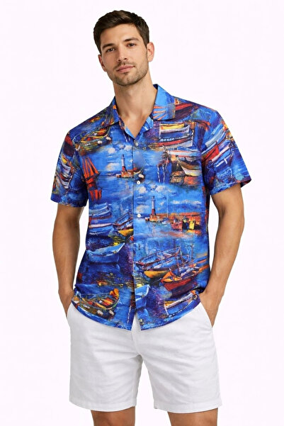 Alfanora Men's Marine Patterned Short Sleeve Shirt Summer Casual Fit Digital ...