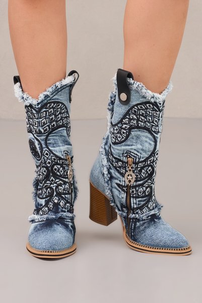 StarBlueMooN Women's Cowboy Boots Summer Denim Jurdan Design Embroidered Leather Detail
