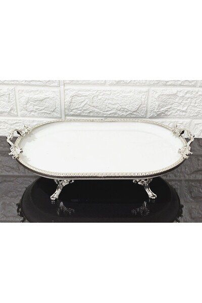 atabey home Porcelain Large Simple Boat-Shaped Serving Dish with Silver Frame, 4 Legs, 33 cm