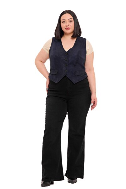 DISENTIS MODEST Μεγάλο μέγεθος, κοντό σουέτ γιλέκο σε σκούρο μπλε χρώμα, με κ...