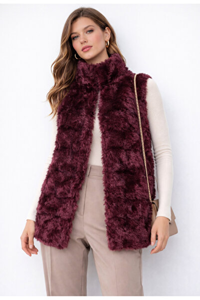 Nobrand Cherry red faux fur vest with high collar without pockets, straight c...