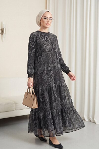 Modamorfo Φόρεμα από σιφόν με έθνικ σχέδιο και ενσωματωμένη φούστα - ανθρακί