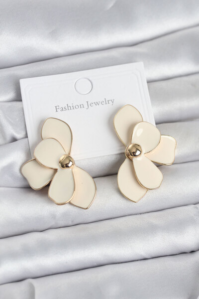 Generic Brand Cream Enamel Lotus Model Brass Women's Earrings