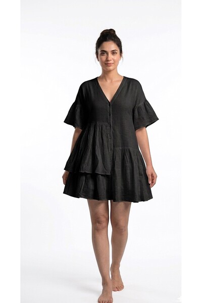 MONAMORE Γυναικείο λευκό ιταλικό λινό κοντό φόρεμα με βολάν στο κάτω μέρος κα...