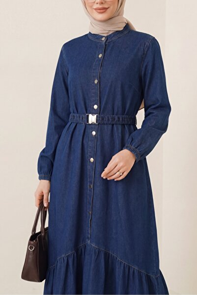 Modamorfo Μακρύ τζιν φόρεμα με λάστιχο στη μέση και κουμπιά - μπλε ναυτικό