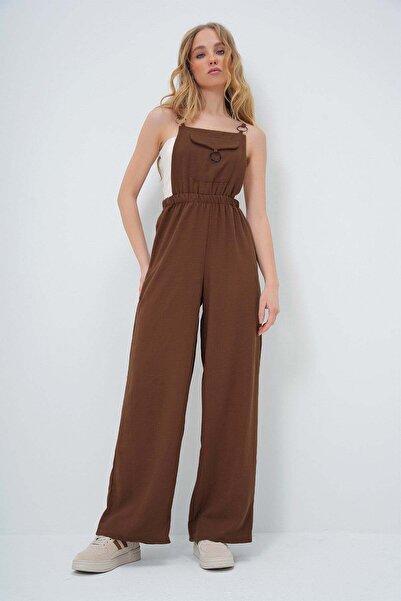Trend Alaçatı Stili Brown Aerobin Salopet Trousers with Front Pockets and Str...
