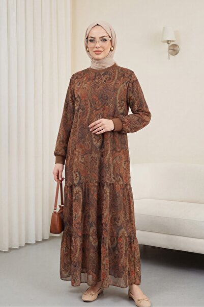 Modamorfo Φόρεμα σιφόν με έθνικ σχέδιο και επένδυση - ανοιχτό καφέ