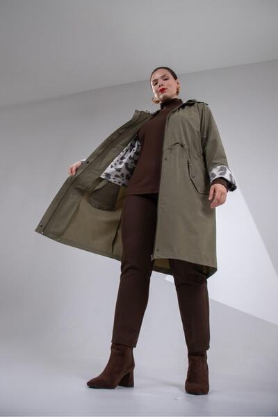 Roxxlen Kadın Büyük Beden Haki Leopar Astarlı Trençkot