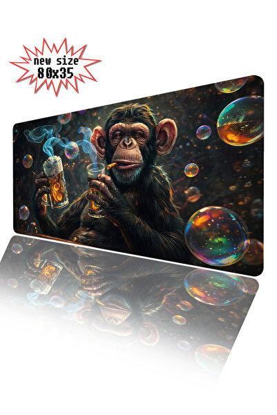 Mativia Özel Tasarım Alemci Şempanze :) XXL Mousepad 80x35 Kaymaz Taban Büyük...