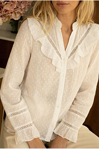 FEMELLE Γυναικείο πουκάμισο από σιφόν με λευκά κουμπιά και βολάν, διαφανές