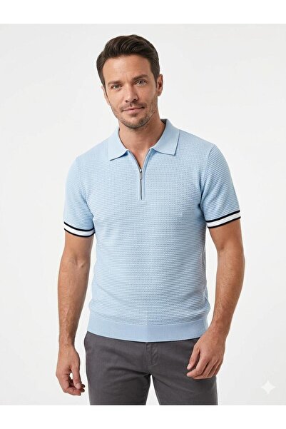 MODA GERACE Erkek Triko Mavi Pamuklu Kumaş Slim Fit Dar Kesim Petek Örgü Polo...