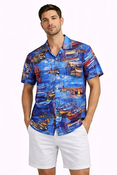 özssa Men's Marine Patterned Short Sleeve Shirt Summer Casual Fit Digital Pri...