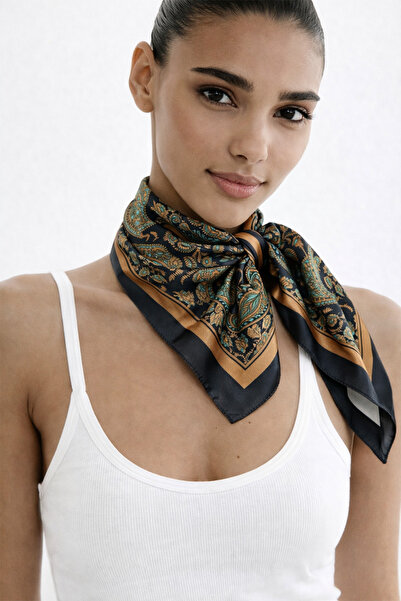 Modex وشاح حريري من الساتان بنمط أوراق الشجر باللون البني والأخضر (70*70)