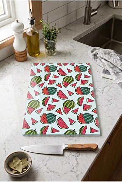 Zevahir Home Glass Cutting Board with Non-Slip Base, Watermelon Themed
