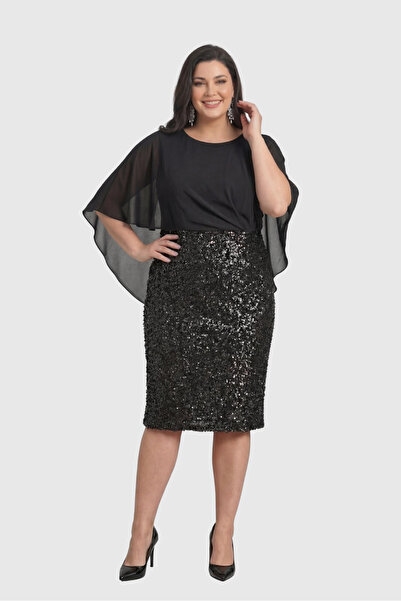 LİLAS XXL Γυναικείο κοντό βραδινό φόρεμα σιφόν με παγιέτες και κάπα, μεγάλο μ...