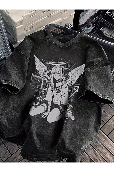 Le Savu Tricou unisex oversize lavabil cu imprimeu Grunge Dark Anime