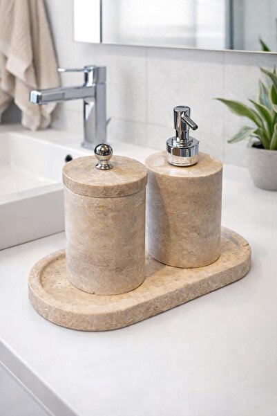 Modestmar Doğal Traverten Banyo Seti – Sıvı Sabunluk, Pamukluk ve Oval Tepsi