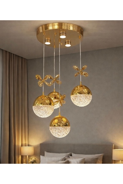 Led YENİ MODEL 4 SARKIT LÜX AVİZE GOLD RENK 3 IŞIK SEÇEBEĞİ