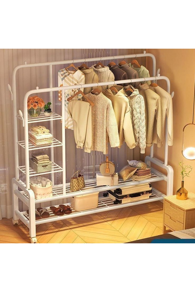 RahaShop حامل ملابس معدني بعجلات، أبيض اللون