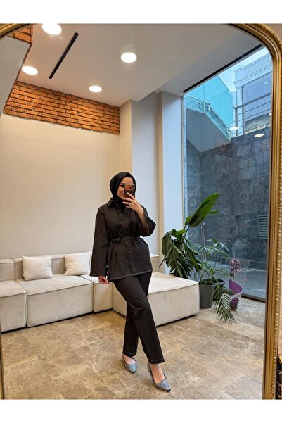 Suede Style 6399 - Κομψό, άνετο, λεπτό υφασμάτινο γυναικείο σετ πουκάμισο και...