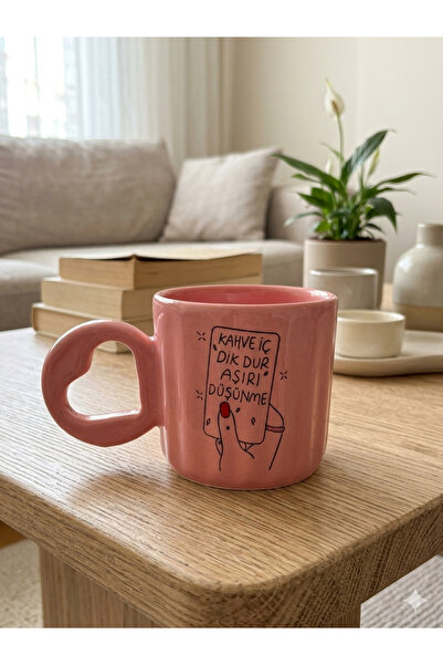 PALTO TASARIM Kahve İç, Dik Dur, Aşırı Düşünme! Baskılı El Yapımı Pembe Parla...