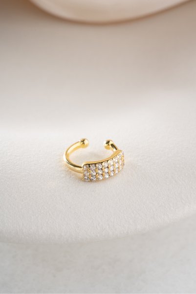 Nereze 925 Ayar Gümüş Gold Kaplama 3 Sıra Taşlı Model Kıkırdak Küpe