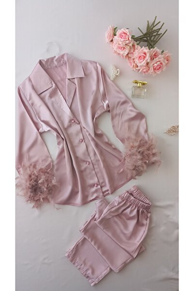 FREZYA EV GİYİM Tüylü Saten Pijama Takımı