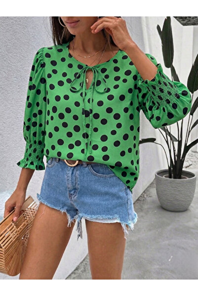 mass fashion Kadın Puantiyeli Bağlama Detaylı Bluz