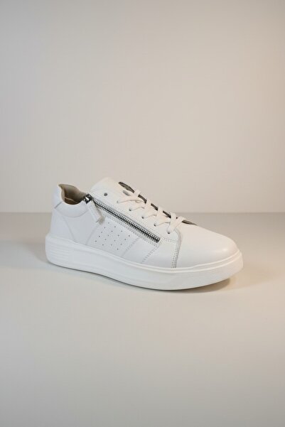 Modayak M439 White Genuine Leather Zippered Lace-Up Casual Shoes