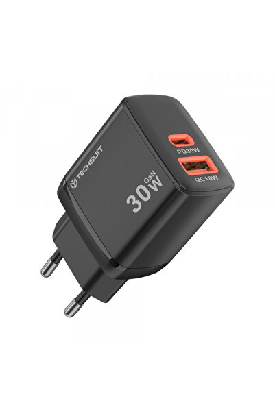 Techsuit Duonix Ch1 Τροφοδοτικό, 30W, 3A, 1 X USB-A - 1 X USB-C, Μαύρο