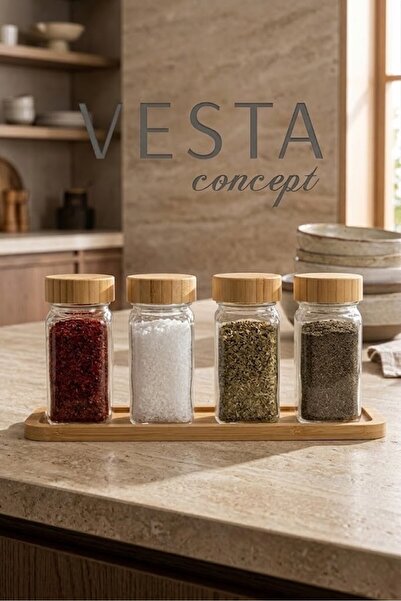 VESTA Concept طقم وعاء توابل زجاجي سعة 120 مل مع حامل من الخيزران - طقم وعاء ...