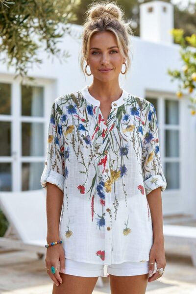 Chiccy Κρεμ υφαντό πουκάμισο με γιακά με κουμπιά, μανίκι 3/4, λουλουδάτο, με ...