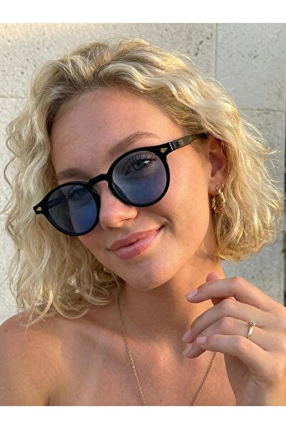 funeyes Lois Oval Black Frame Blue Glass Sunglasses (Metal Hinges) Acetate Fl...