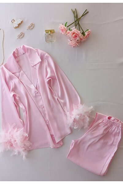 Tüylü Saten Pijama Takımı