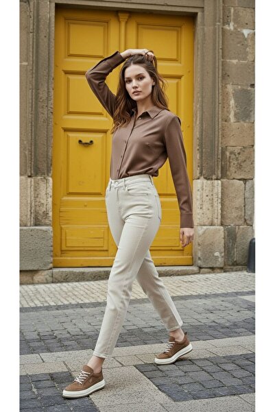 geenz manifacture Κρεμ Παντελόνι Τζιν Sky Lycra Flexible Mom Jeans