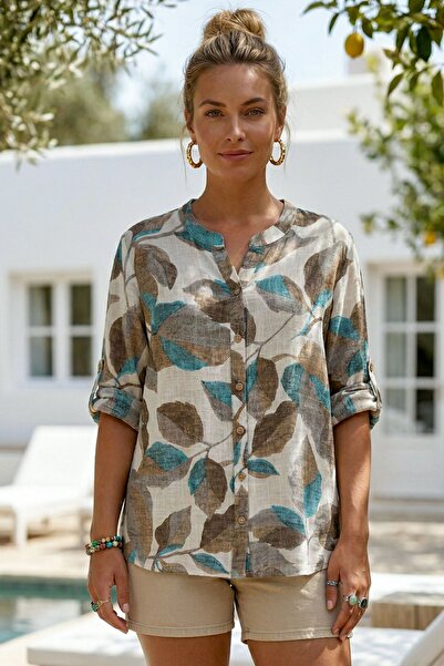 Chiccy Καφέ-μπεζ υφαντό πουκάμισο με υπερμεγέθη εφαρμογή, με κουμπιά στο γιακ...