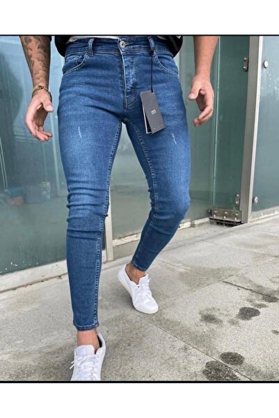 MODAMESTO Men's Blue Slim Fit Laser Stretch Fabric Jeans