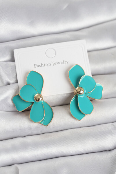 Lisinya Turquoise Enamel Lotus Model Brass Women's Earrings -