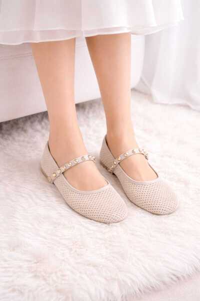 Melinta Shoes Melinta Beige Mesh Buckle Detailed Belted Women's Ballerina Shoes
